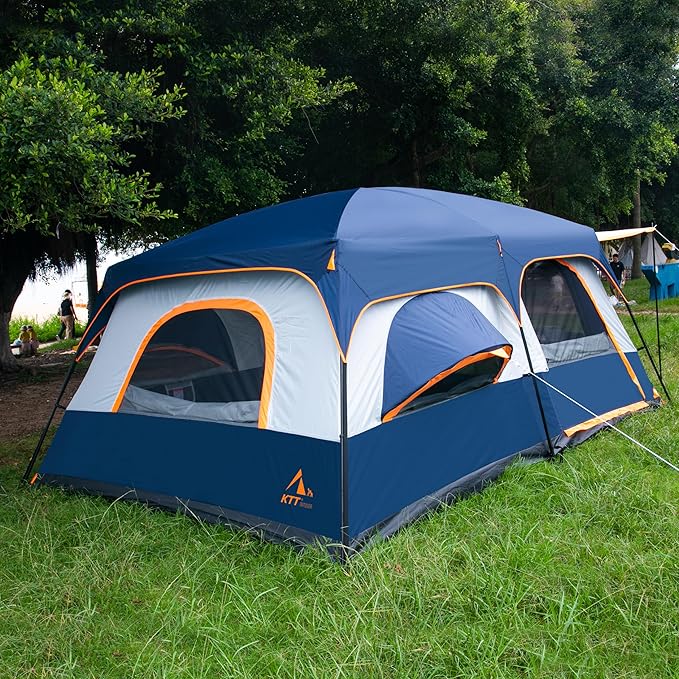 KTT Extra Large Tent 12 Person,2 Bay-Windows,Family Cabin Tents,14'Lx10'Wx6.58'H,2 Rooms and 3 Doors 3 Windows with Mesh,Waterproof,Straight Wall,Big Tent for Outdoor,Picnic,Camping,Gathering
