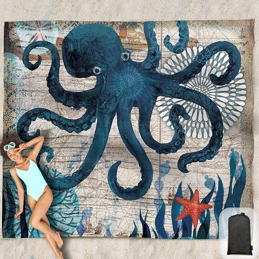 Beach Blanket Waterproof Sandproof Oversized 95”x 80”,Sand Free Beach Mat with Corner Pockets,Portable Mesh Bag for Beach Festival,Picnic,Travel and Outdoor Camping (Octopus)