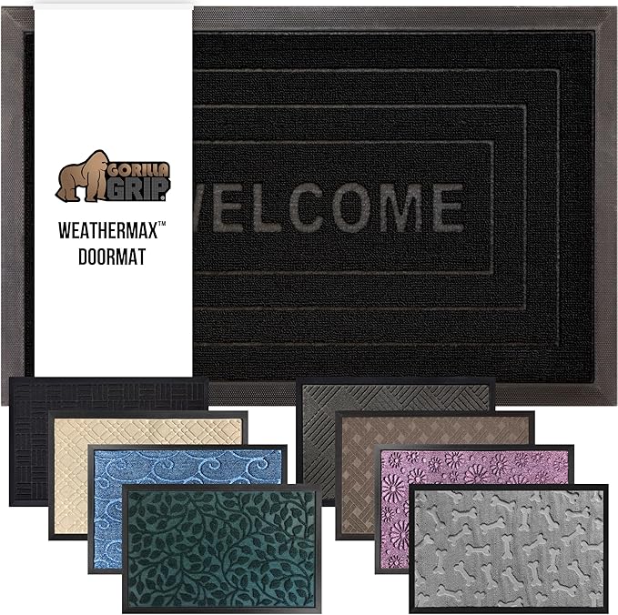 GORILLA GRIP 100% Waterproof All-Season WeatherMax Doormat, 23x35, Durable Natural Rubber, Stain and Fade Resistant, Low Profile, Indoor Outdoor Doormats, Easy Clean Patio Entry Mat, Black Welcome