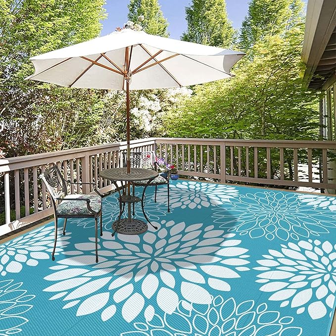 Ileading Reversible Outdoor Rug 9x12Ft Waterproof Patio Rug Carpet Portable Outdoor Plastic Straw Rug Large RV Camping Mat Rug for Patio, Clearance, Deck, Beach, Porch, Camping, Picnic, Teal