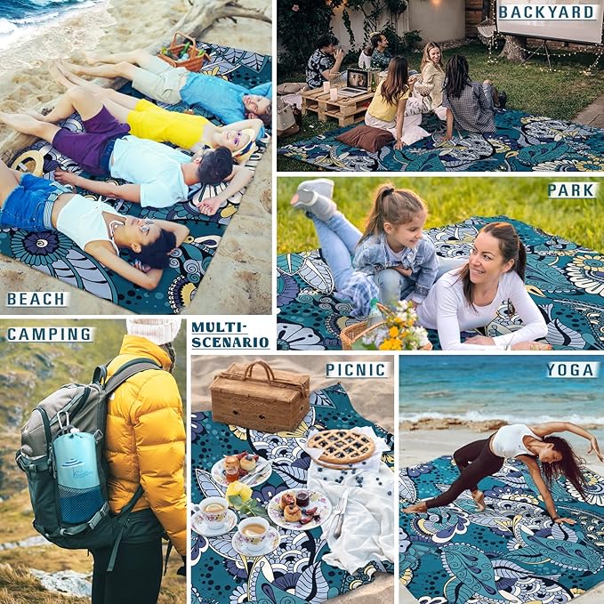 Beach Blanket Sandproof Waterproof 78''×81''1-5 Adults Oversized,Compact Lightweight Durable Beach Mat for Travel Camping Hiking Picnic Blanket