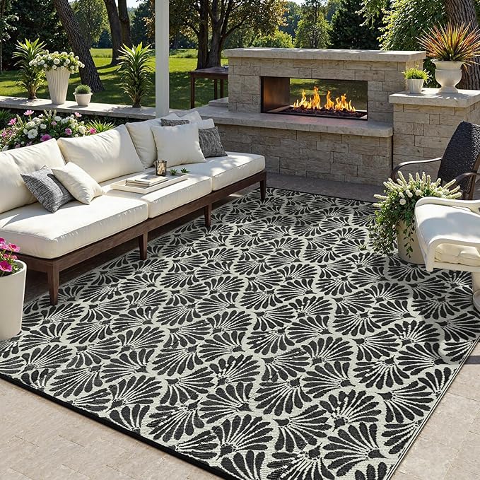 Lahome Patio Rugs Outdoor 8x10 Waterproof, Boho Outdoor Rug for Camping Beach, Plastic Straw Stain Resistant Mats for Outside Rv Backyard Garden Under Awning, Black White,8'x10'