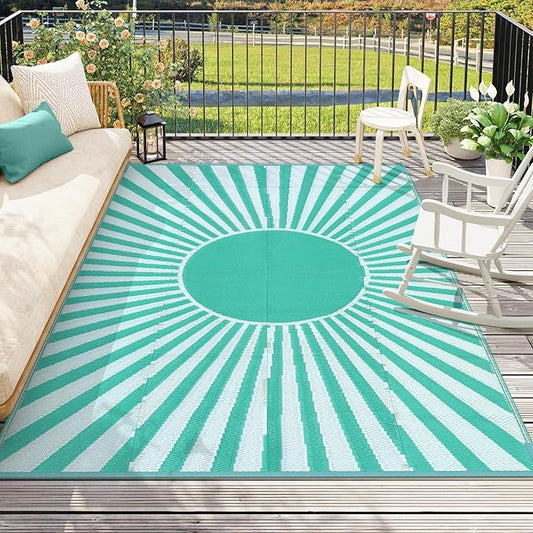 Wonnitar 8x10 Outdoor Rug Waterproof - Large Reversible Patio Rugs, Lightweight Plastic Straw Patios Mat for RV, Portable Outdoor Camping Carpet for Deck Picnic (Blue-Green, 8'x10')
