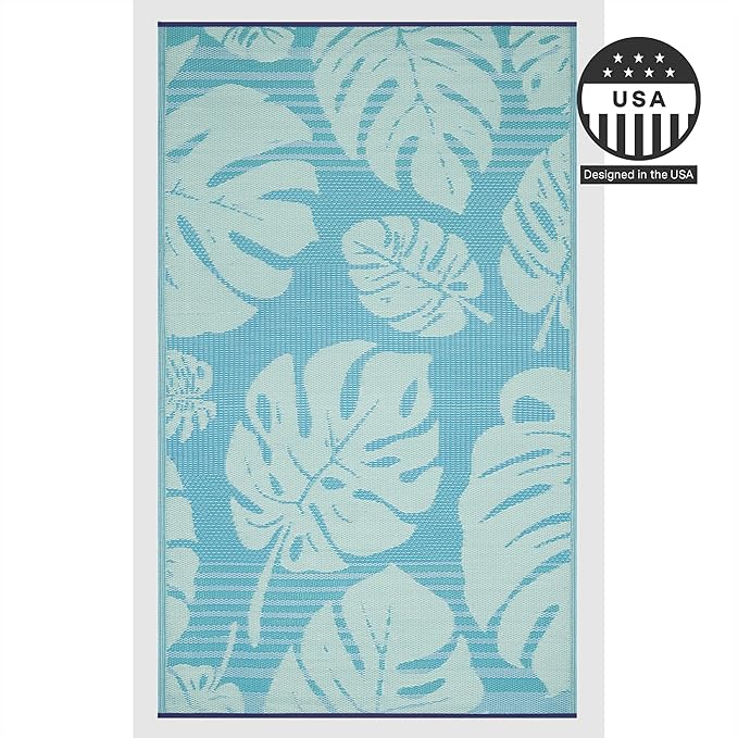 FH Home Outdoor Rug - Waterproof, Fade Resistant, Reversible - Premium Recycled Plastic - Tropical, Botanical - Patio, Deck, Porch, Balcony - Hana Leaves - Blue Crease Free - 5 x 8 ft