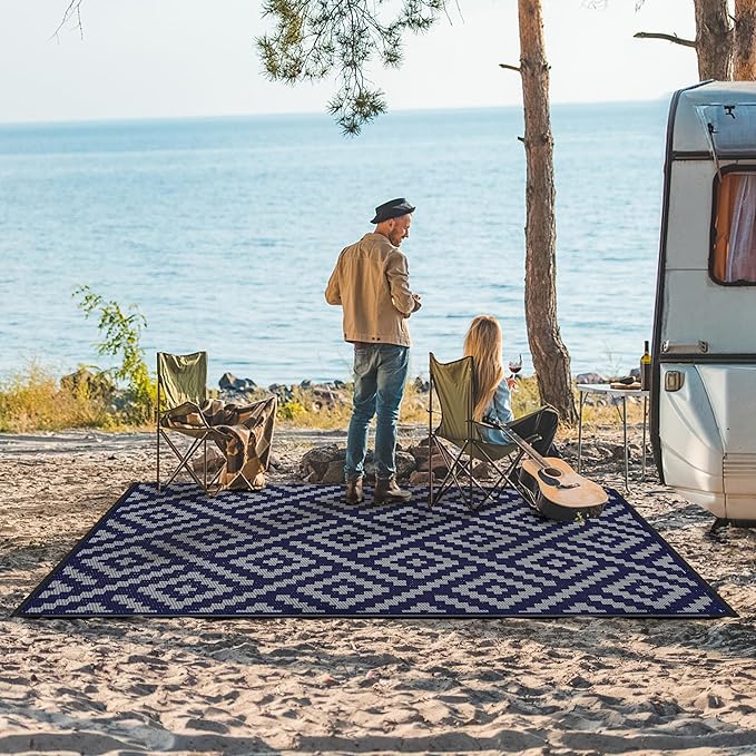 GENIMO Outdoor Rug for Patio Clearance, 9'x12' Waterproof Camping Mat, Reversible Plastic Straw Rugs for RV, Camper, Balcony, Backyard, Picnic, Deck (Blue & Grey)