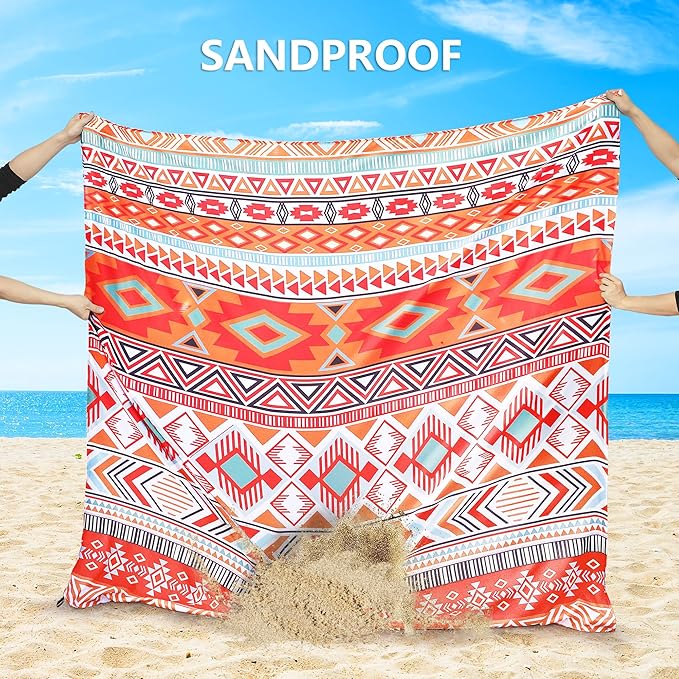 Beach Blanket, Sandproof Beach Mat, Waterproof Quick Drying Lightweight Outdoor Aztec Picnic Mat 79" X 83"/120"x108" for 2-8 Adults for Travel, Camping, Hiking