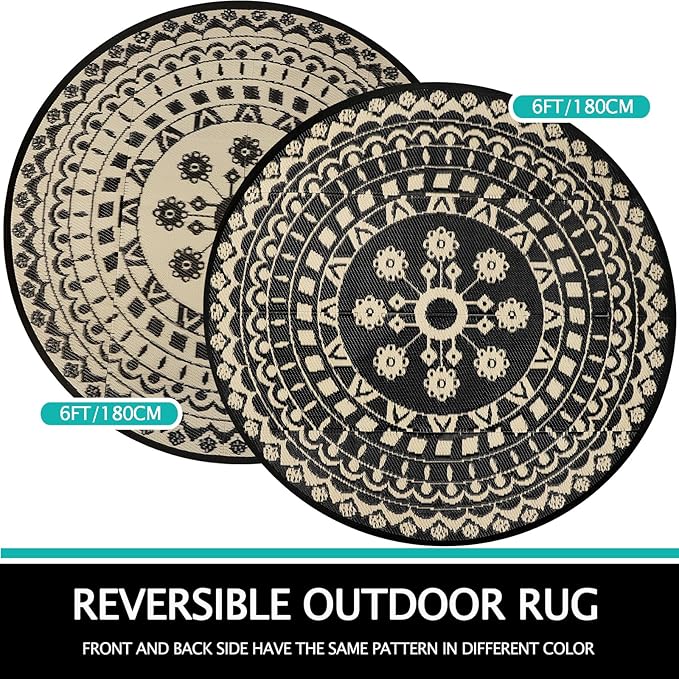 Capslpad 6Ft Round Outdoor Rug for Patio Reversible Mat Waterproof Plastic Straw Rug Boho Circle Indoor Outside Area Rug for RV Camping Picnic Pool Tent Balcony Beach Deck Doormats Decor, Beige