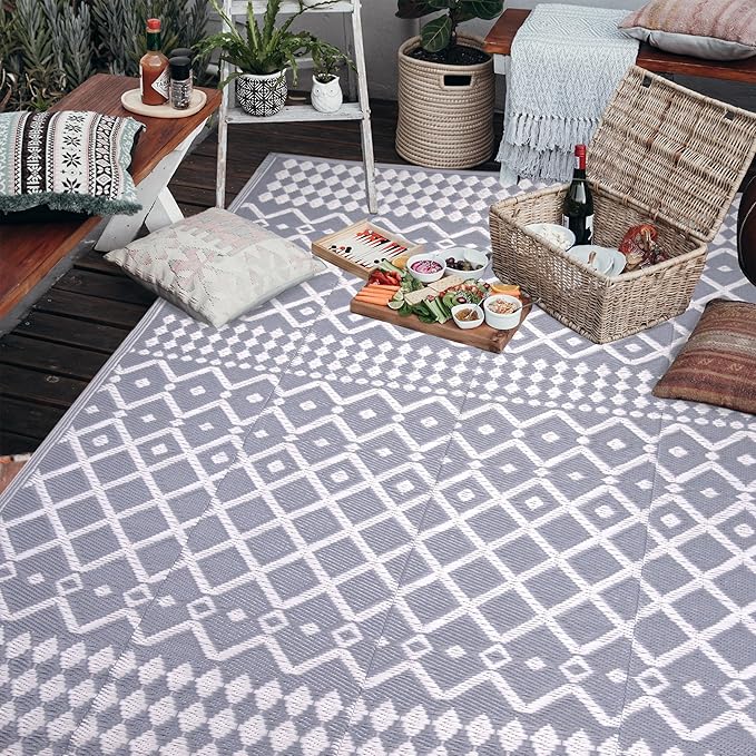 RURALITY Outdoor Rugs 5x8 Waterproof for Patios Clearance,Plastic Straw Mats for Backyard,Porch,Deck,Balcony,Reversible,Bohemia
