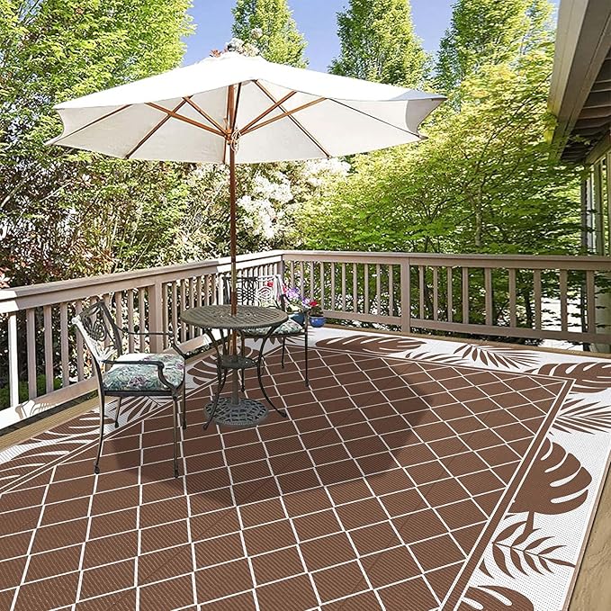 Ileading Outdoor Rug Carpet for Patio 8'x10' Waterproof Reversible Plastic Straw Rug Portable Outside Area Rug Camping Mat for Patio, Clearance, Balcony, Picnic, Pool, Beach, RV, Deck, Brown