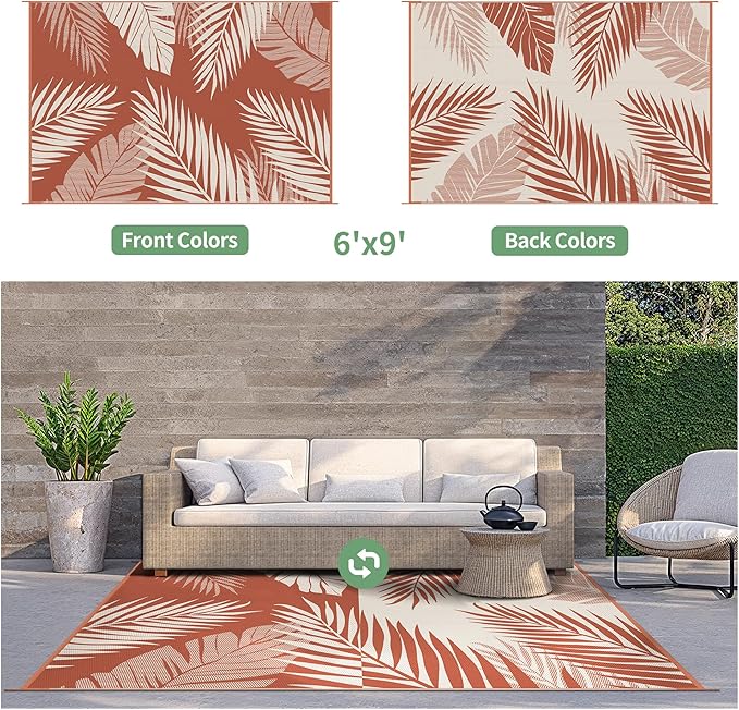 GENIMO Outdoor Rug 6' x 9' Waterproof for Patios Clearance, Reversible Plastic Straw Camping Carpet, Large Area Rugs Mats for RV, Picnic, Backyard, Deck, Balcony, Porch, Beach, Brick&Red