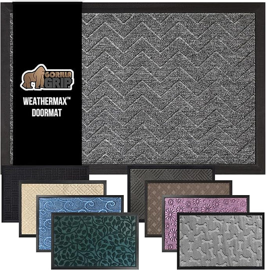 GORILLA GRIP 100% Waterproof All-Season WeatherMax Doormat, Durable Natural Rubber, Stain and Fade Resistant, Low Profile, Indoor Outdoor Doormats, Easy Clean Patio Entrance Mat, 17x29, Steel Chevron