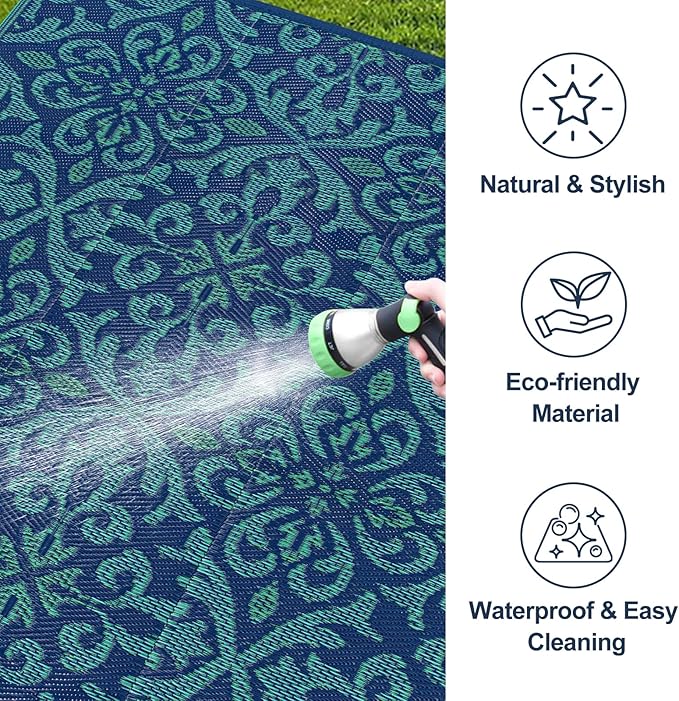 Lahome Navy Blue Outdoor Patio Rug Waterproof 6x9, Plastic Straw Rug Reversible Indoor Outdoor Carpet Floor Decor,Large Portable Outside Camping Mats for Balcony Deck Tent, Deep Blue 6x9