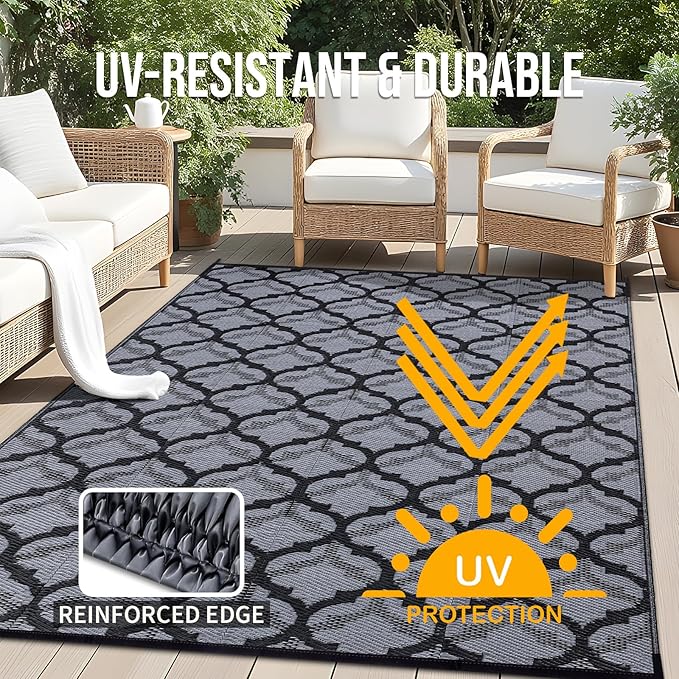 OLANLY Reversible Outdoor Rug 6x9 ft Clearance, Waterproof Outdoor Plastic Straw Rug with Interlacing Pattern, RV Mat for Patio, Camping, Balcony, Deck, Backyard, Black & Grey