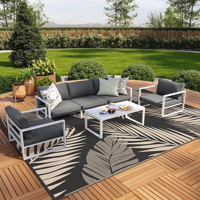 GENIMO Outdoor Rug 9' x 18' Waterproof for Patios Clearance, Reversible Outdoor Plastic Straw Camping Rug Carpet, Large Area Rugs Mats for RV, Camper, Deck, Balcony, Porch, Beach, Picnic, Black&Beige