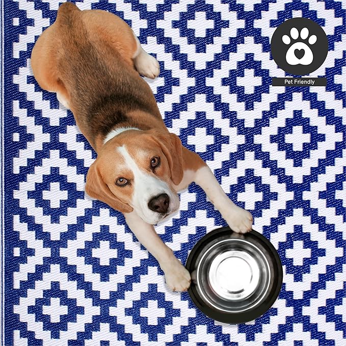 FH Home Outdoor Rug - Waterproof, Fade Resistant, Reversible - Premium Recycled Plastic - Geometric - Patio, Deck, Porch, Balcony, Laundry Room - Aztec - Blue & White Crease Free - 4 x 6 ft