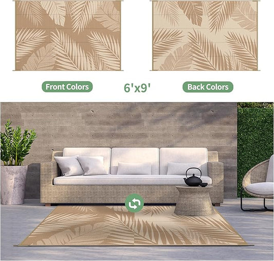 GENIMO Outdoor Rug 6' x 9' Waterproof for Patios Clearance, Reversible Outdoor Plastic Straw Camping Rug Carpet, Large Area Rugs Mats for RV, Camper, Deck, Balcony, Porch, Beach, Picnic, Brown&Beige