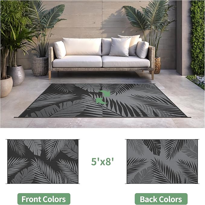 Outdoor Rug 5' x 8' for Patio Waterproof Clearance, Reversible Indoor Outdoor Plastic Straw Camping Rug Carpet, RV Mat, Large Area Rug for Deck, Backyard, Balcony, Porch, Beach, Black and Grey