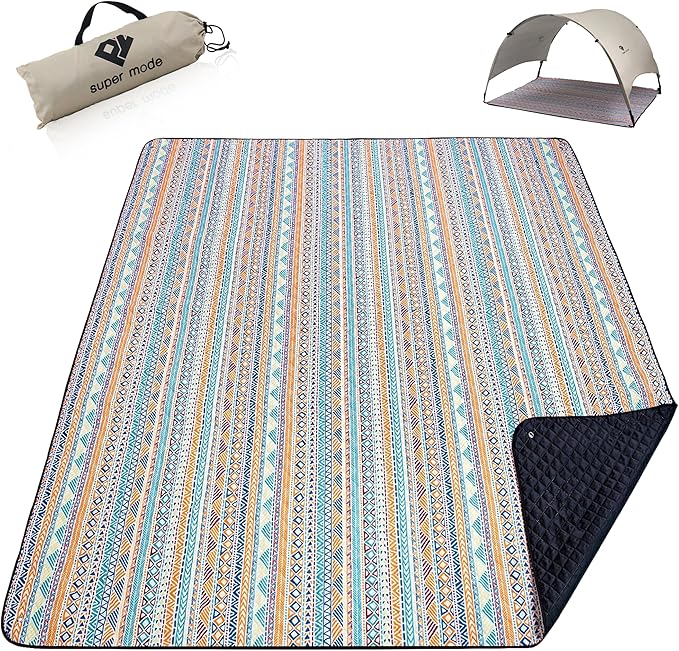 PY SUPER MODE Picnic Blankets Extra Large with Pergola, Orange Boho Waterproof Foldable Outdoor Beach Blanket Oversized 83x79” Sandproof, 3-Layer Picnic Mat for Camping, Hiking, Travel, Park