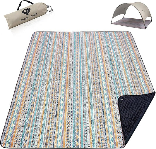 PY SUPER MODE Picnic Blankets Extra Large with Pergola, Orange Boho Waterproof Foldable Outdoor Beach Blanket Oversized 83x79” Sandproof, 3-Layer Picnic Mat for Camping, Hiking, Travel, Park