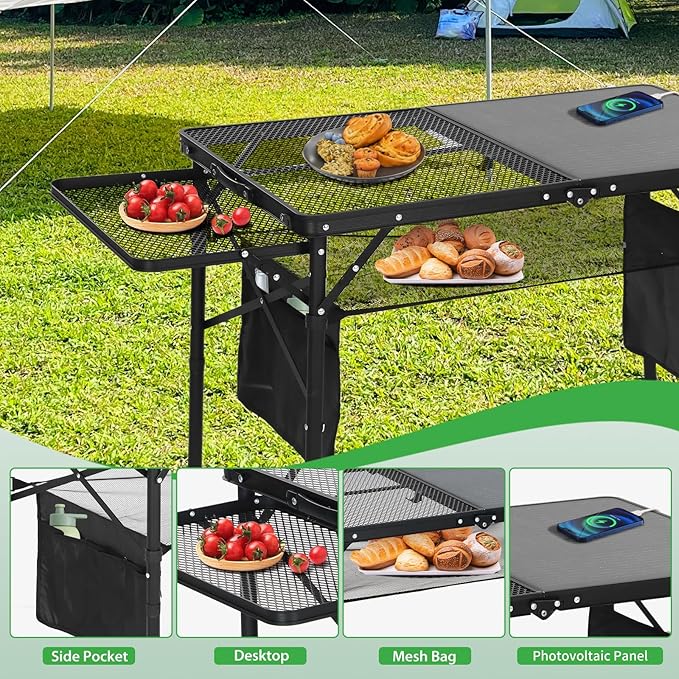 Nice C Camping Table, Grill Table, Tailgate Tables, Solar Panel Tables with USB, Type-C&DC Charging Cable, 42W Portable Solar Charger, 2 Side Shelves, Height Adjustable with Mesh Net&Cup Holders