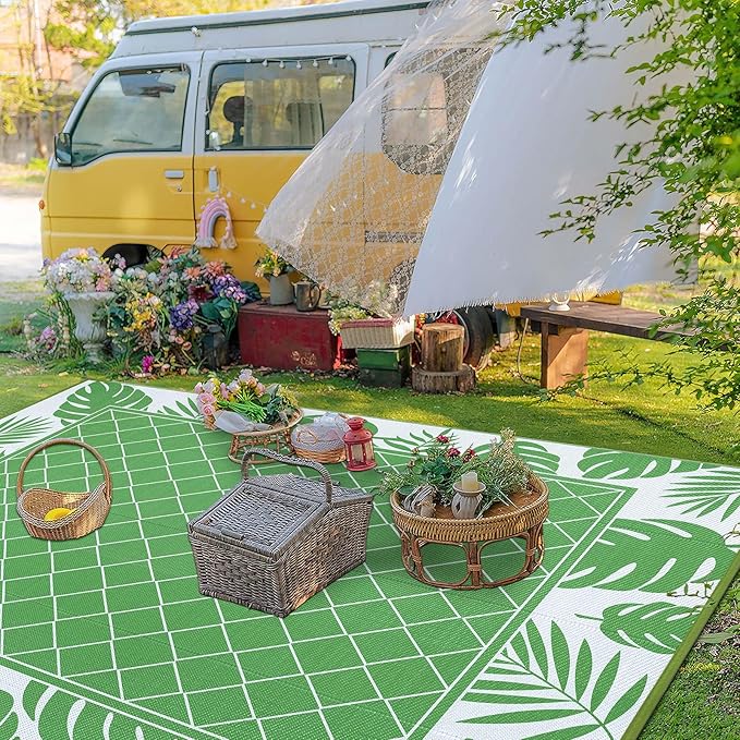 Ileading Outdoor Rug Carpet for Patio 8'x10' Waterproof Reversible Plastic Straw Rug Portable Outside Area Rug Camping Mat for Patio, Clearance, Balcony, Picnic, Pool, Beach, RV, Deck, Green