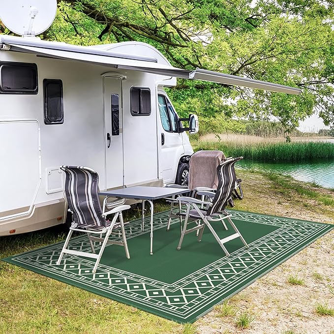 GENIMO Outdoor Rug Waterproof 6'x9' for Patio, Foldable Reversible Plastic Straw Carpet for Travel Trailers, Outside Area Mat for Rv, Deck, Picnic, Porch, Camper, Balcony, Beach, Green & Yellow