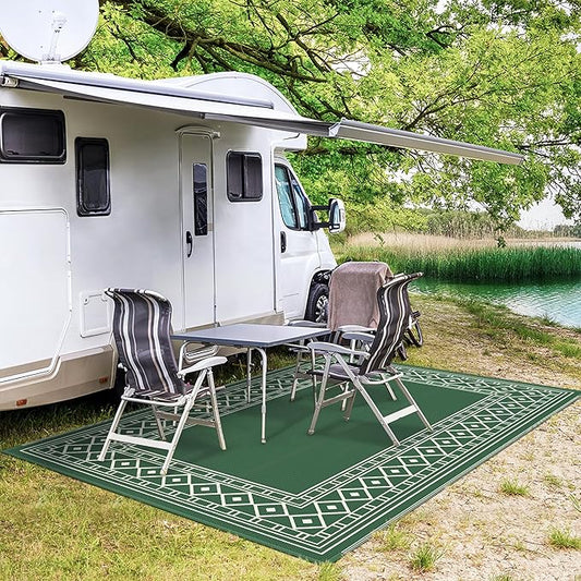 GENIMO Outdoor Rug Waterproof 6'x9' for Patio, Foldable Reversible Plastic Straw Carpet for Travel Trailers, Outside Area Mat for Rv, Deck, Picnic, Porch, Camper, Balcony, Beach, Green & Yellow