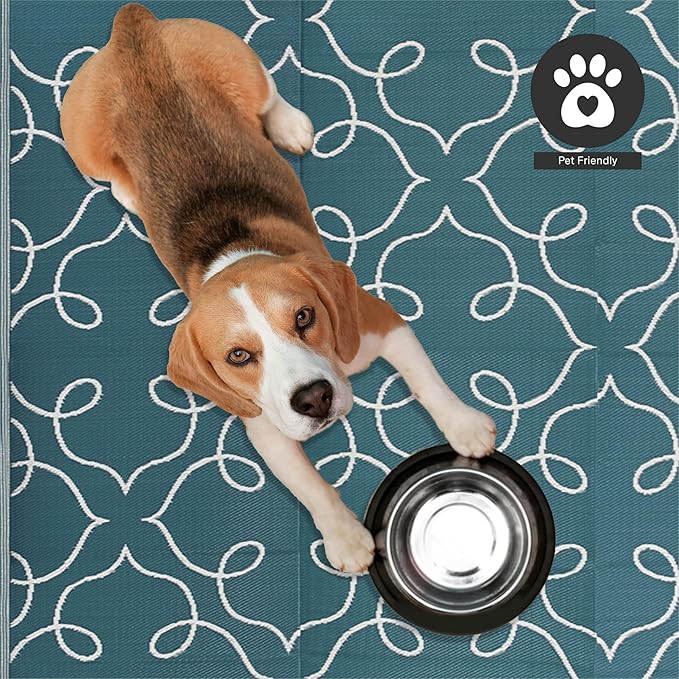 FH Home Outdoor Camping Rug - Waterproof, Fade Resistant, Reversible - Premium Recycled Plastic - Moroccan Lattice Tile - Large Patio, Deck, Sunroom, RV - Syracuse - Sea Green - 9 x 12 ft Foldable