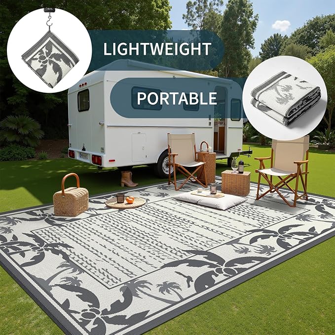 COCOER Outdoor-Rug 5x8 ft Waterproof Reversible Outdoor Plastic Straw Rug RV Indoor Outdoor Carpet Quick Dry Patio Rug Camping Mat for Balcony Backyard Picnic Beach-Grey&Beige