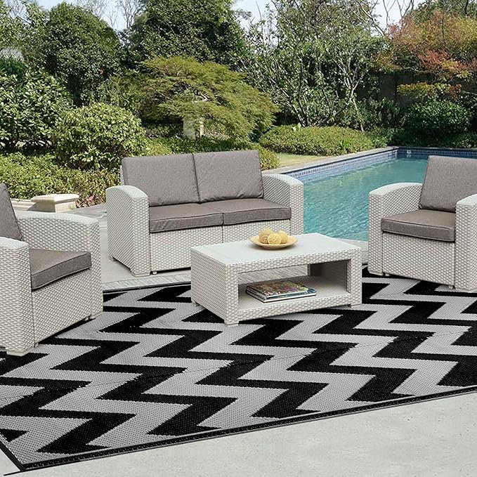 Easy-Going Reversible Outdoor Rugs 9x12ft Waterproof Plastic Straw Rug Stain & UV Resistant Floor Mat for Patio Porch RV Backyard Pool Deck Picnic Beach Trailer Camping (Waved Black & Light Grey)