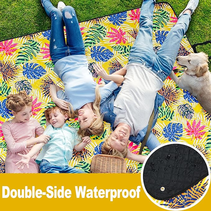 PY SUPER MODE Picnic Blankets Extra Large, Waterproof Foldable Outdoor Beach Blanket Oversized 83x79” Sandproof, 3-Layer Picnic Mat for Camping, Hiking, Travel, Park, Concerts-Tropical Color Leaf