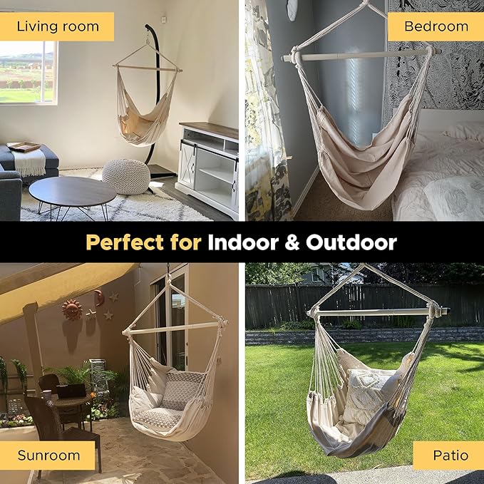 ADVOKAIR Hammock Chair Swing & Cover Set (500 lbs Max) – Hanging Rope Swing for Bedroom, Outdoor, Patio, Porch with Sturdy Steel Bar & Anti-Slip Rings + All-Weather Rain Cover for Storage Protection