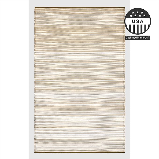 FH Home Outdoor Rug - Waterproof, Fade Resistant, Reversible - Premium Recycled Plastic - Striped - Patio, Deck, Porch, Balcony - Havana - Beige Crease Free - 5 x 8 ft