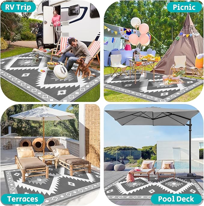HEBE Outdoor Rug 9'x12' for Patios Clearance Waterproof Patio Mat Plastic Straw Rug Reversible RV Camping Tent Rug Outside Indoor Outdoor Area Rugs for RV,Deck,Beach,Balcony,Camper