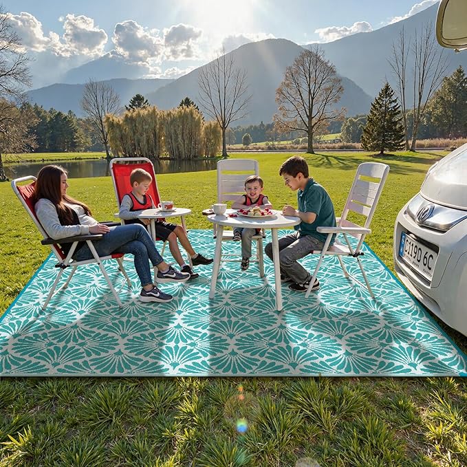 Lahome Outdoor Plastic Straw Rugs 8x10 Waterproof, Reversible Rv Outdoor Rugs for Camping, Large Outside Carpet for Camper Picnic Beach Pool Patio Deck, Teal 8'x10'