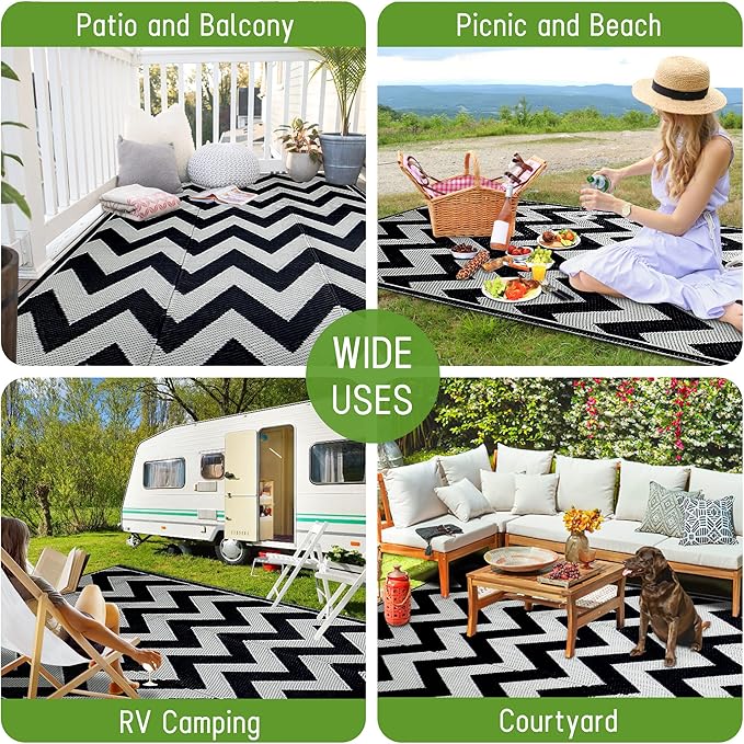 Easy-Going Reversible Outdoor Rugs 4x6ft Waterproof Plastic Straw Rug Stain & UV Resistant Floor Mat for Patio Porch RV Backyard Pool Deck Picnic Beach Trailer Camping (Waved Black & Light Grey)