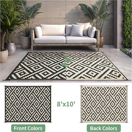 Outdoor Rug for Patio - Waterproof Plastic Straw Camping Rugs 8x10 ft, Reversible Outdoor Indoor RV Mat Carpet for Patio, Porch, Deck, Balcony, Picnic, Beach, Black Beige