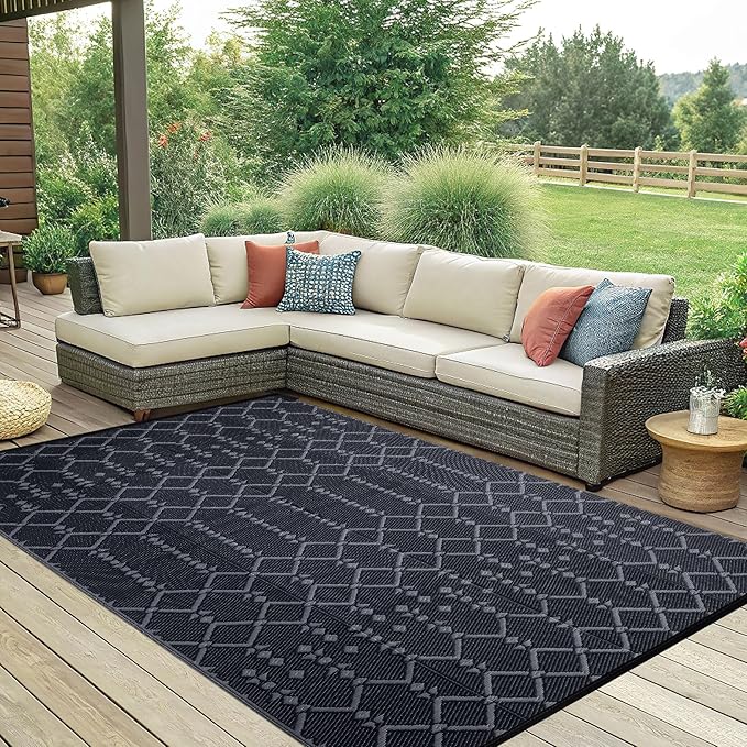 Smiry Outdoor Rug 6x9 ft, Waterproof Reversible Plastic Straw Rugs, Boho Outdoor Area Rug, Outside Floor Mat for Patio, Backyard, Deck, Picnic, Beach, Camping, Dark Grey