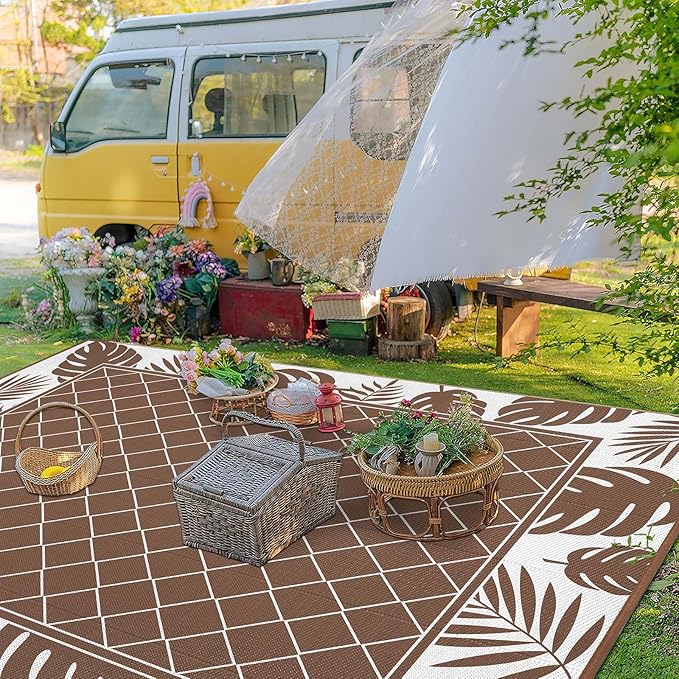 Ileading Outdoor Rug Carpet for Patio 9'x12' Waterproof Reversible Plastic Straw Rug Portable Outside Area Rug Camping Mat for Patio, Clearance, Balcony, Picnic, Pool, Beach, RV, Deck, Brown