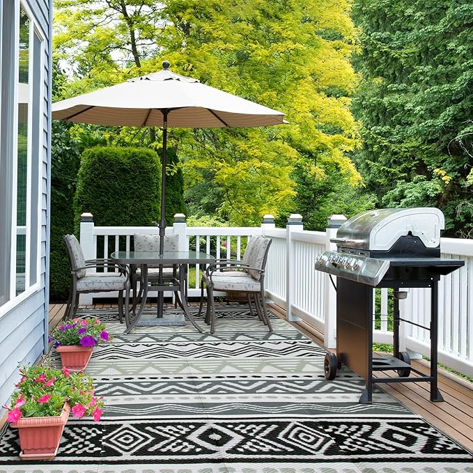 Lahome Outdoor Rug Waterproof, 6x9 Reversible Outdoor Plastic Straw Rug for Camping, RV Patio Rugs Large Carpet for Porch Deck Backyard Balcony Picnic(Grey/Black,6'x 9')