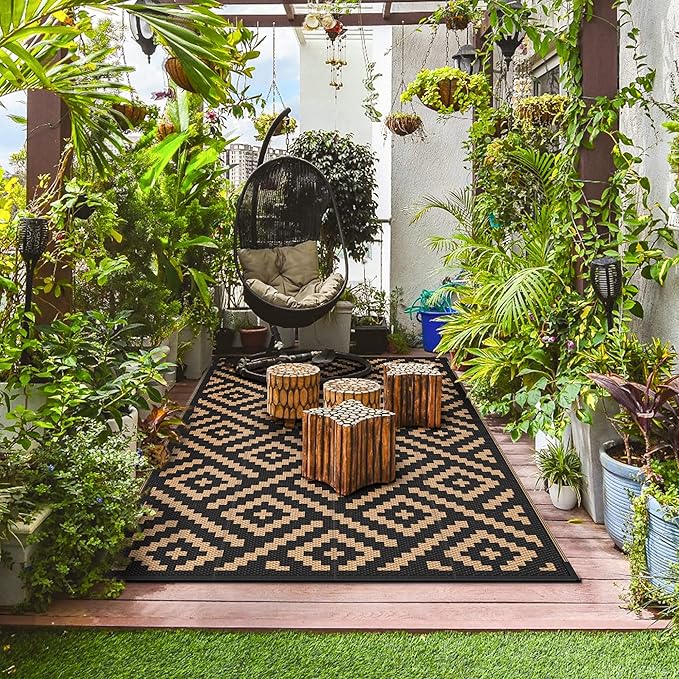 GENIMO Outdoor Rug for Patio Clearance,9'x12' Waterproof Large Mat,Reversible Plastic Camping Rugs,Rv,Porch,Deck,Camper,Balcony,Backyard (Black & Brown)