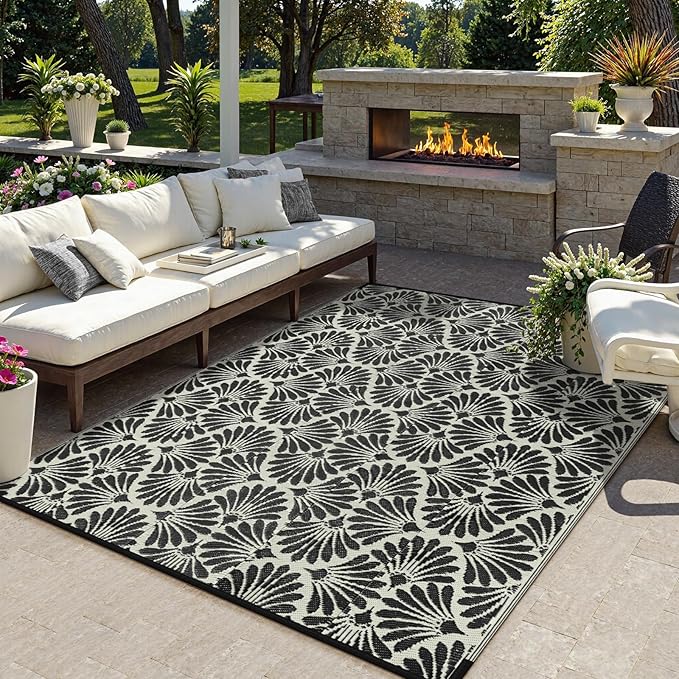 Lahome Outdoor Rug Patio Waterproof 6x9, Black Outdoor Plastic Straw Rug for Porch, Portable Lightweight Mats for Backyard Garden Deck Camping Outside, Black White,6'x9'