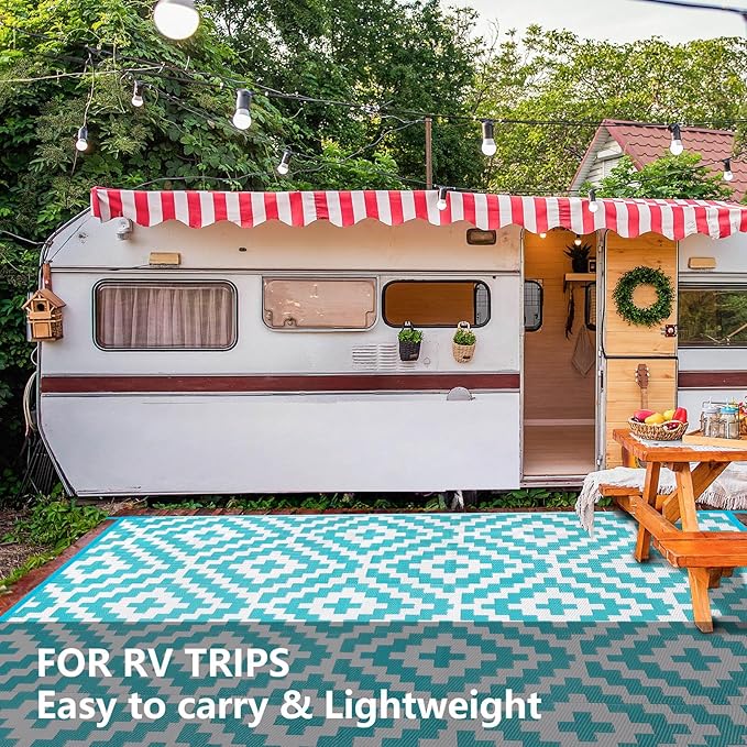 Outdoor Patio Plastic Straw Rug - 9'x12' Outdoor Camping Rug Waterproof Reversible, Area Carpet Patios Clearance RV, Outside Porch Balcony Deck for Camper, Blue & White