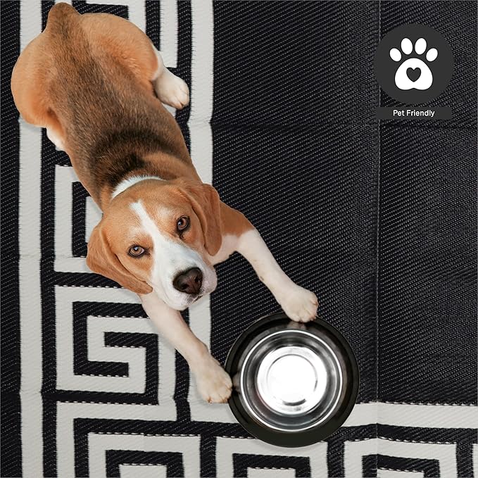 FH Home Outdoor Camping Rug - Waterproof, Fade Resistant, Reversible - Premium Recycled Plastic - Greek Border - Large Patio, Deck, Sunroom, RV - Athens - Black & White - 9 x 12 ft Foldable