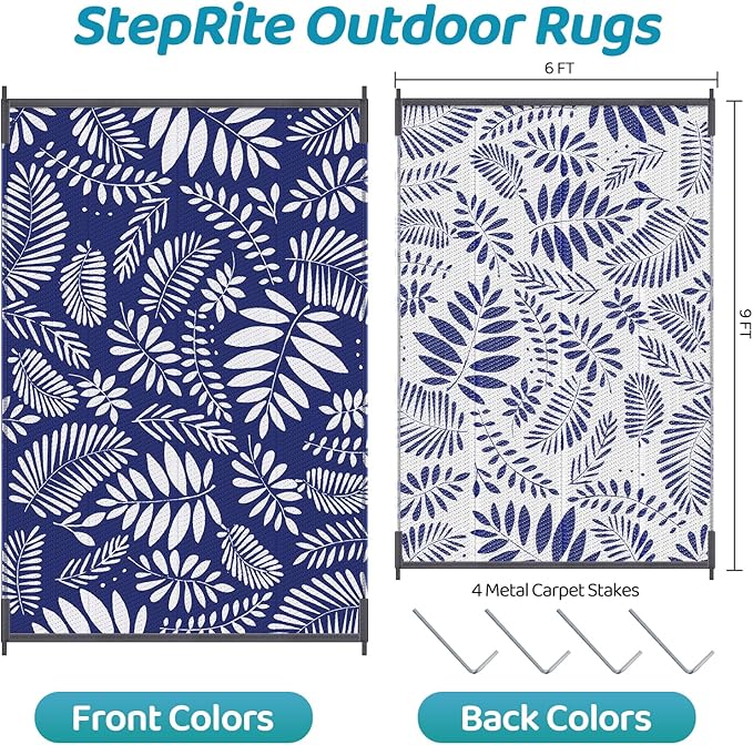 StepRite Outdoor Rug, Patio Rug, Plastic Straw Camping Rugs, Large Waterproof Area Rug and Mat for Outdoors, RV, Patio, Backyard, Deck, Porch, Beach, Balcony, (6'x 9', White & Blue)