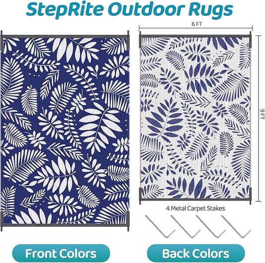 StepRite Outdoor Rug, Patio Rug, Plastic Straw Camping Rugs, Large Waterproof Area Rug and Mat for Outdoors, RV, Patio, Backyard, Deck, Porch, Beach, Balcony, (6'x 9', White & Blue)