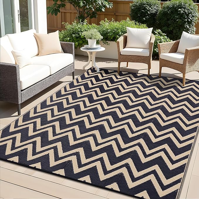 OLANLY Waterproof Outdoor Rug 8x10 ft Clearance, Reversible Outdoor Plastic Straw Rug, RV Mat, Indoor Outdoor Carpet for Patio, Camping, Balcony, Deck, Backyard, Black & Beige
