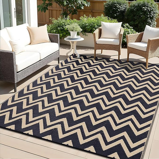 OLANLY Waterproof Outdoor Rug 9x12 ft Clearance, Reversible Outdoor Plastic Straw Rug, RV Mat, Indoor Outdoor Carpet for Patio, Camping, Balcony, Deck, Backyard, Black & Beige