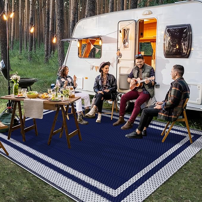 HappyTrends Outdoor Rug Reversible Portable Plastic Straw Camping Rugs for Outside RV,Large Waterproof Outdoor Area Rugs for Patio,Deck,Porch,Balcony (5'x 8',White&Blue)