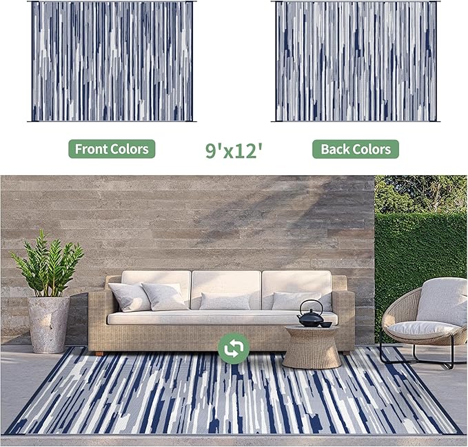 GENIMO Outdoor Rug for Patio Clearance, 9'x12' Waterproof Camping Mat, Reversible Plastic Straw Rugs for RV, Camper, Balcony, Backyard, Picnic, Deck (Blue White)